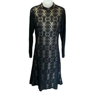 Forever 21 Midi Dress Black Lace Overlay Long Sleeve Tan Lining Junior Large